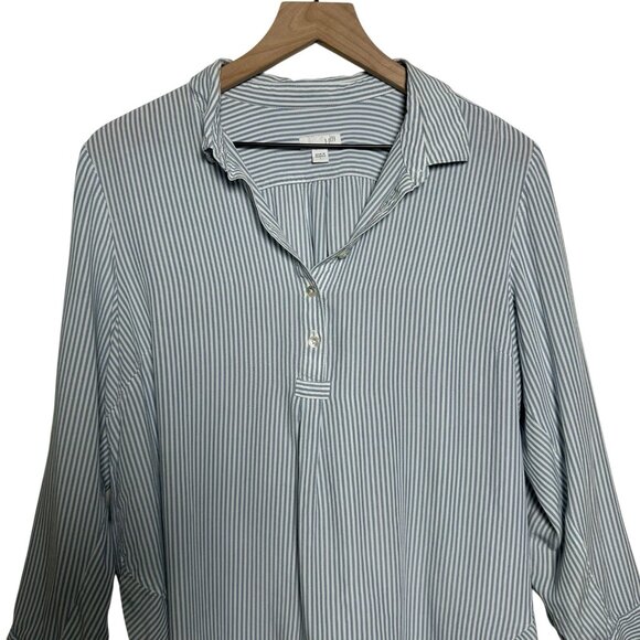 J.Jill Womens Blue White Stripe Roll Tab Sleeve Blouse Sz Large Coastal Preppy - Picture 3 of 12
